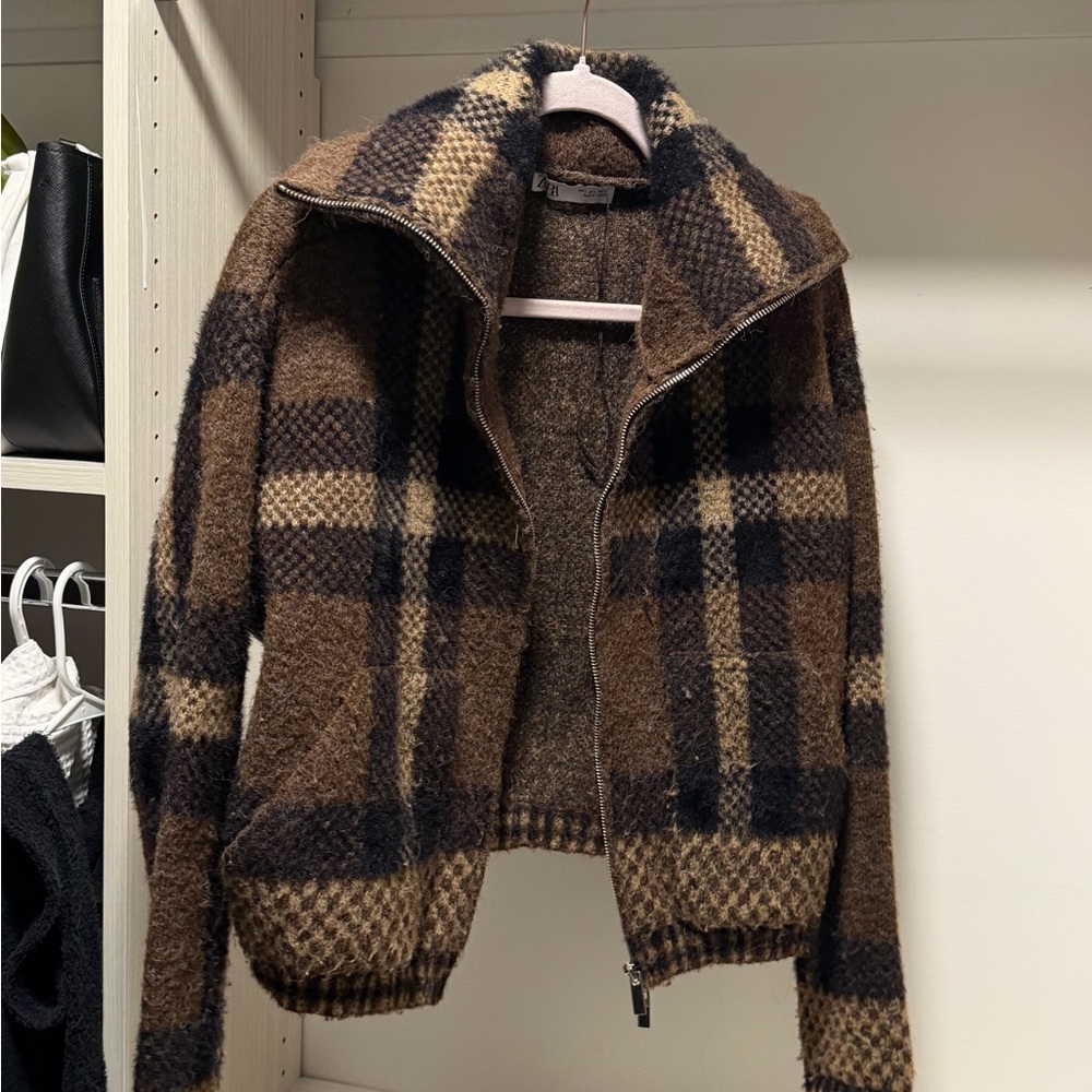 Zara Brown and Black Plaid Zip-Up Jacket
